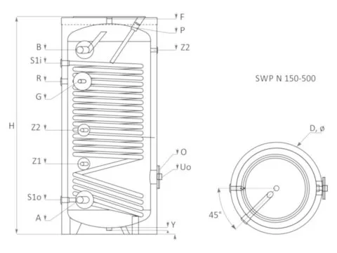 Boiler voor warmtepompsystemen SUNSYSTEM SWPN - 500L- met één spiraal