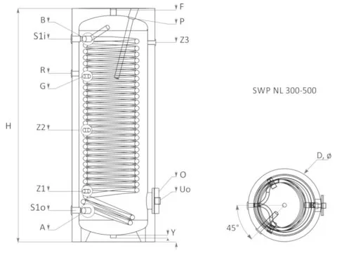 Boilers voor warmtepompsystemen SUNSYSTEM SWPN-L-500 met één spiraal